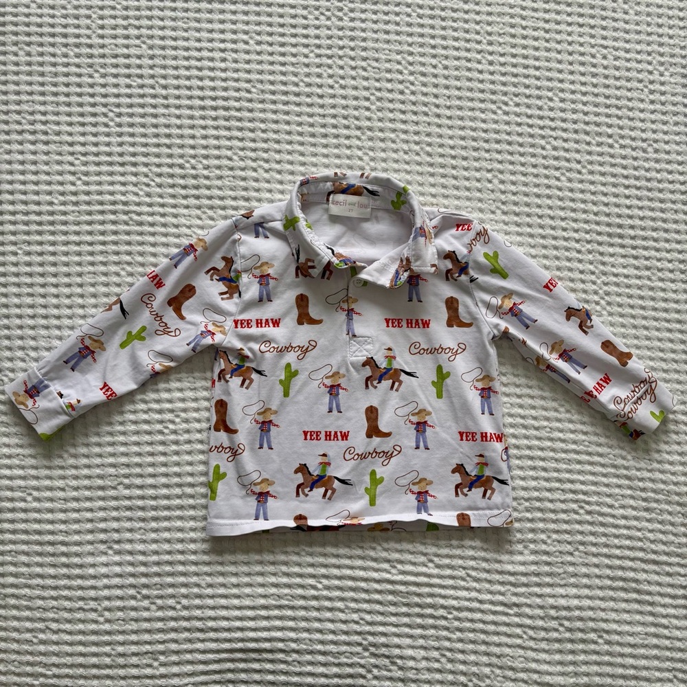 Cecil & Lou Long Sleeve Rodeo Cowboy Yee Haw Western Polo Shirt: Toddler Boys 2T